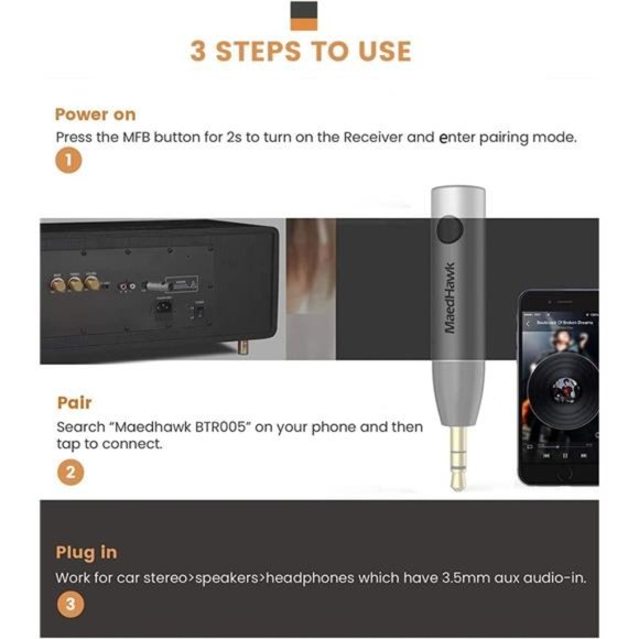 Bluetooth 5.0 Receiver, Bluetooth Aux Adapter/Portable Wireless Audio Car Kit - Picture 5 of 6